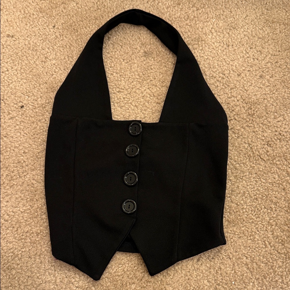 PrettyLittleThing Black Button Halter Vest Top